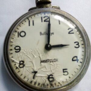 USA Westclox Vintage BullsEye Pocket Watch-Metal+Tan Tree/Black Hands Winder & f